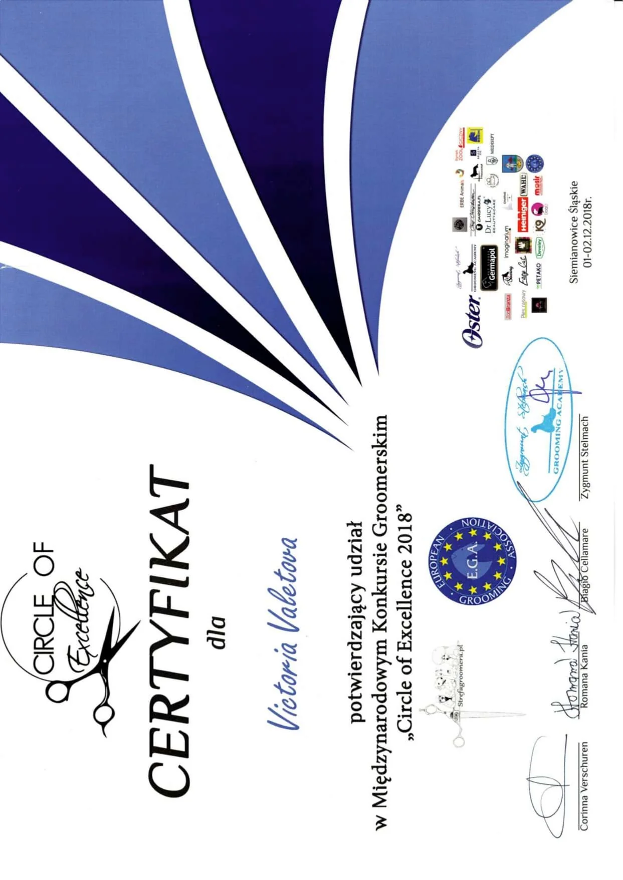 Circle of Excellence International Grooming Competition Certificate - E.G.A., 2018