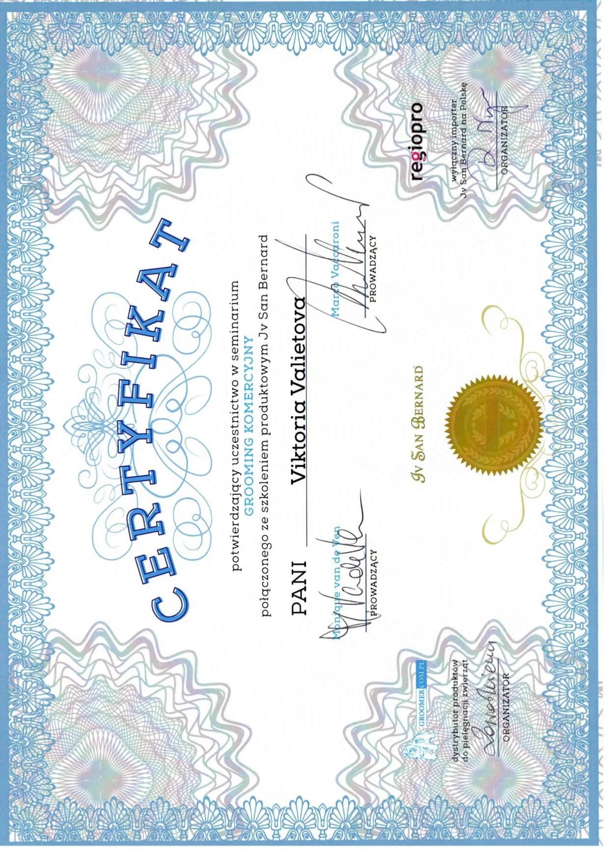 Commercial Grooming Seminar Certificate - Iv San Bernard / Regiopro