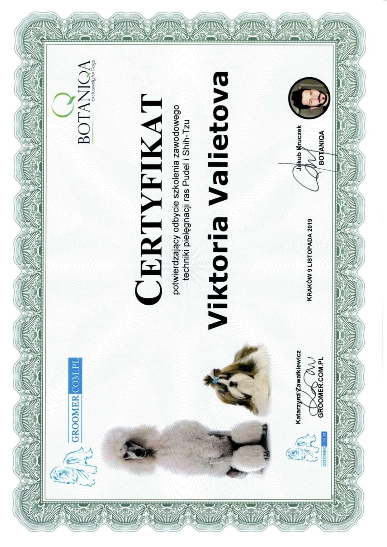 Professional Dog Grooming Certificate 5 - Vickie's Certification from Recognized Grooming Institution