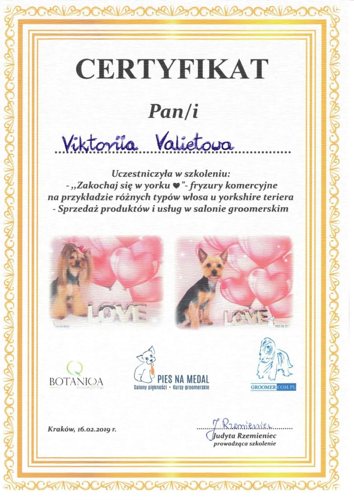 Professional Dog Grooming Certificate 7 - Vickie's Certification from Recognized Grooming Institution