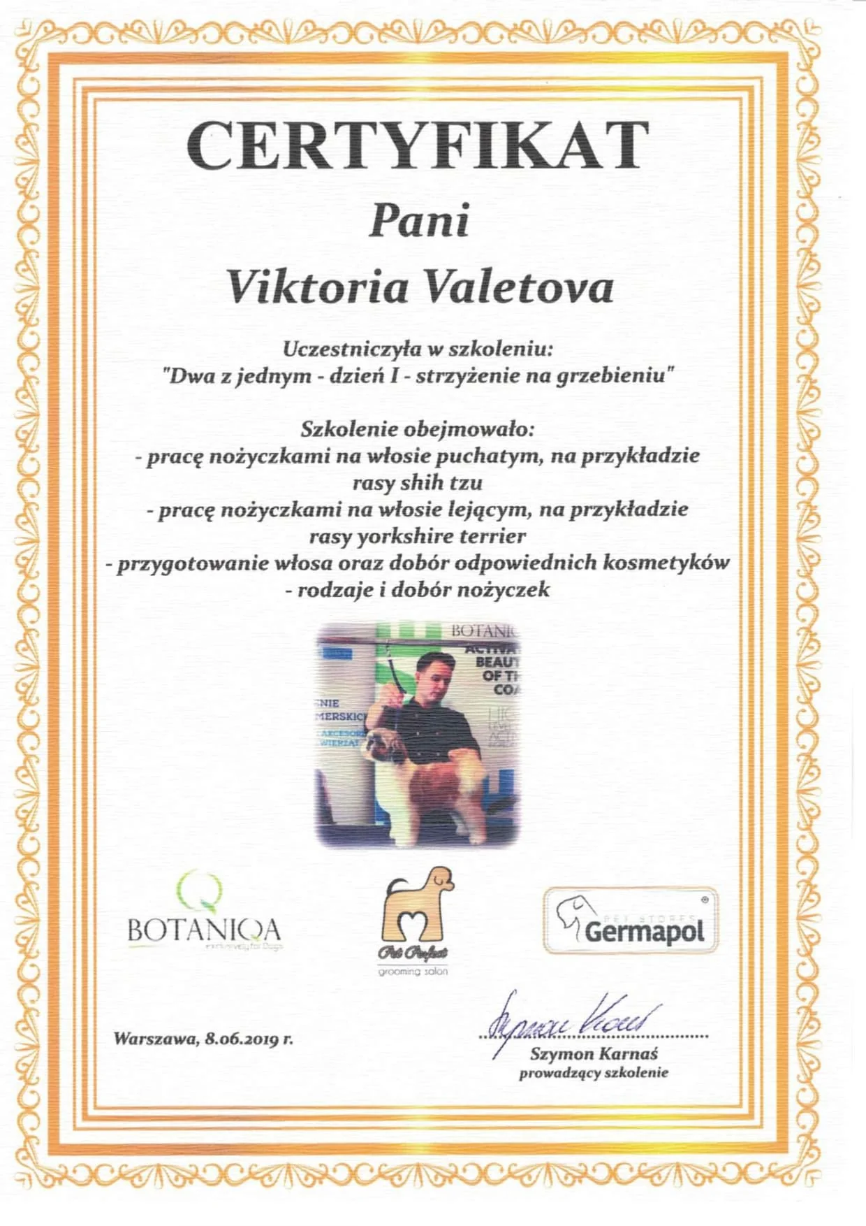 Scissoring Techniques for Shih-Tzu & Yorkshire Terrier Certificate - Pet Perfect / Botaniqa, Warsaw 2019