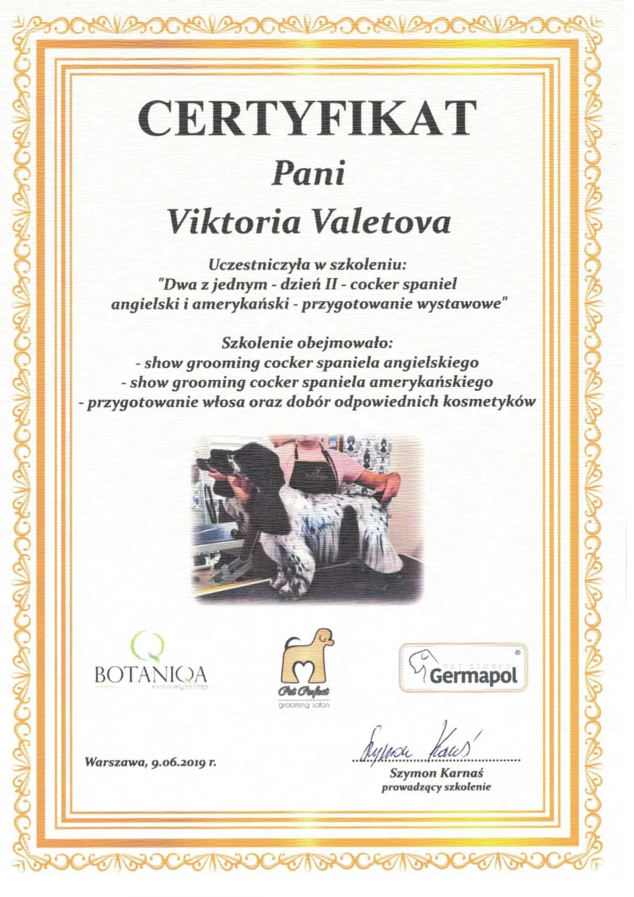 Professional Dog Grooming Certificate 9 - Vickie's Certification from Recognized Grooming Institution